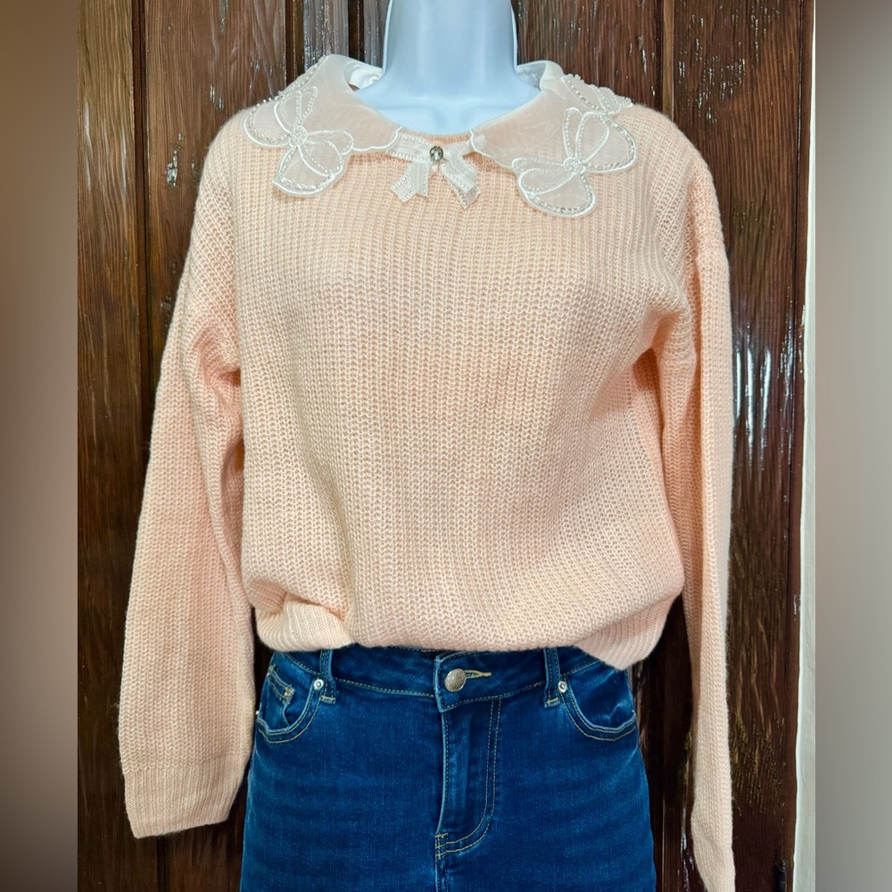 Women's light pink Sweater with Embellished Collar